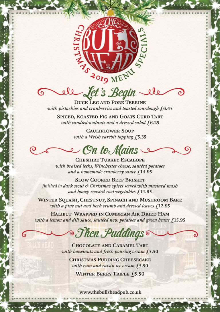 Christmas Menu The Bulls Head Pub Mobberley