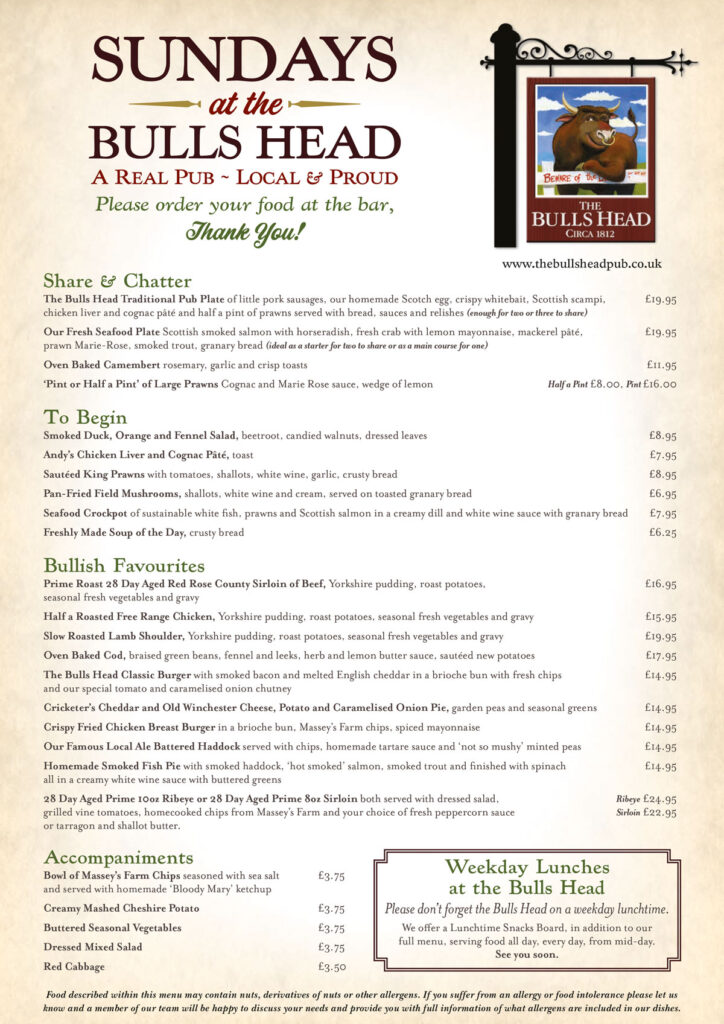 Sunday Menu The Bulls Head Pub Mobberley