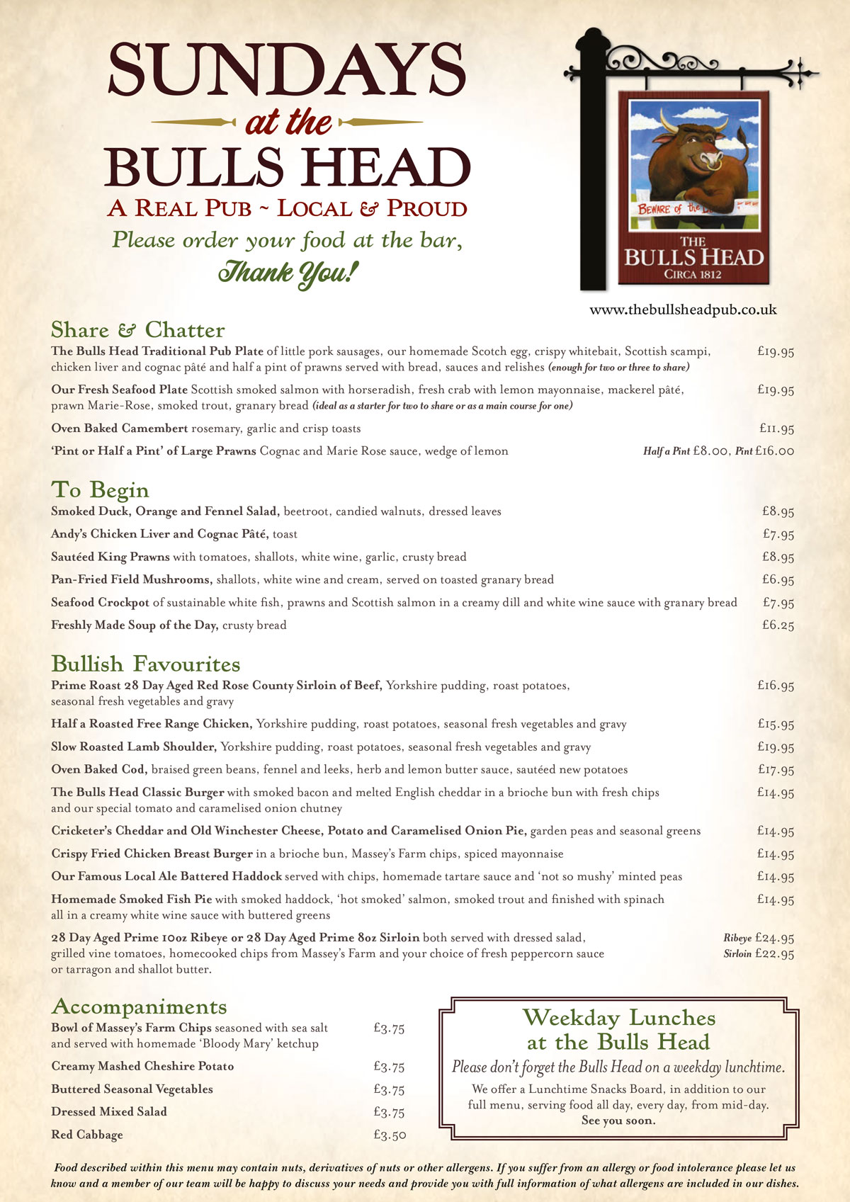 Sunday Menu The Bulls Head Pub Mobberley