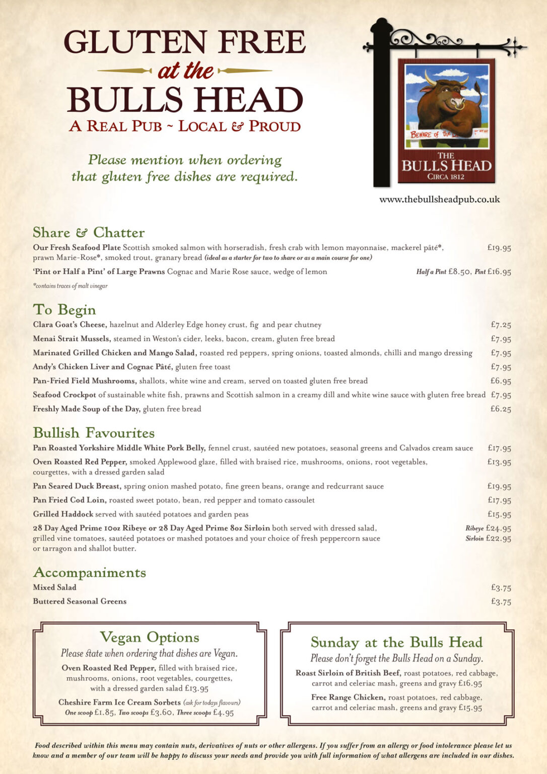 Gluten Free Menu The Bulls Head Pub Mobberley